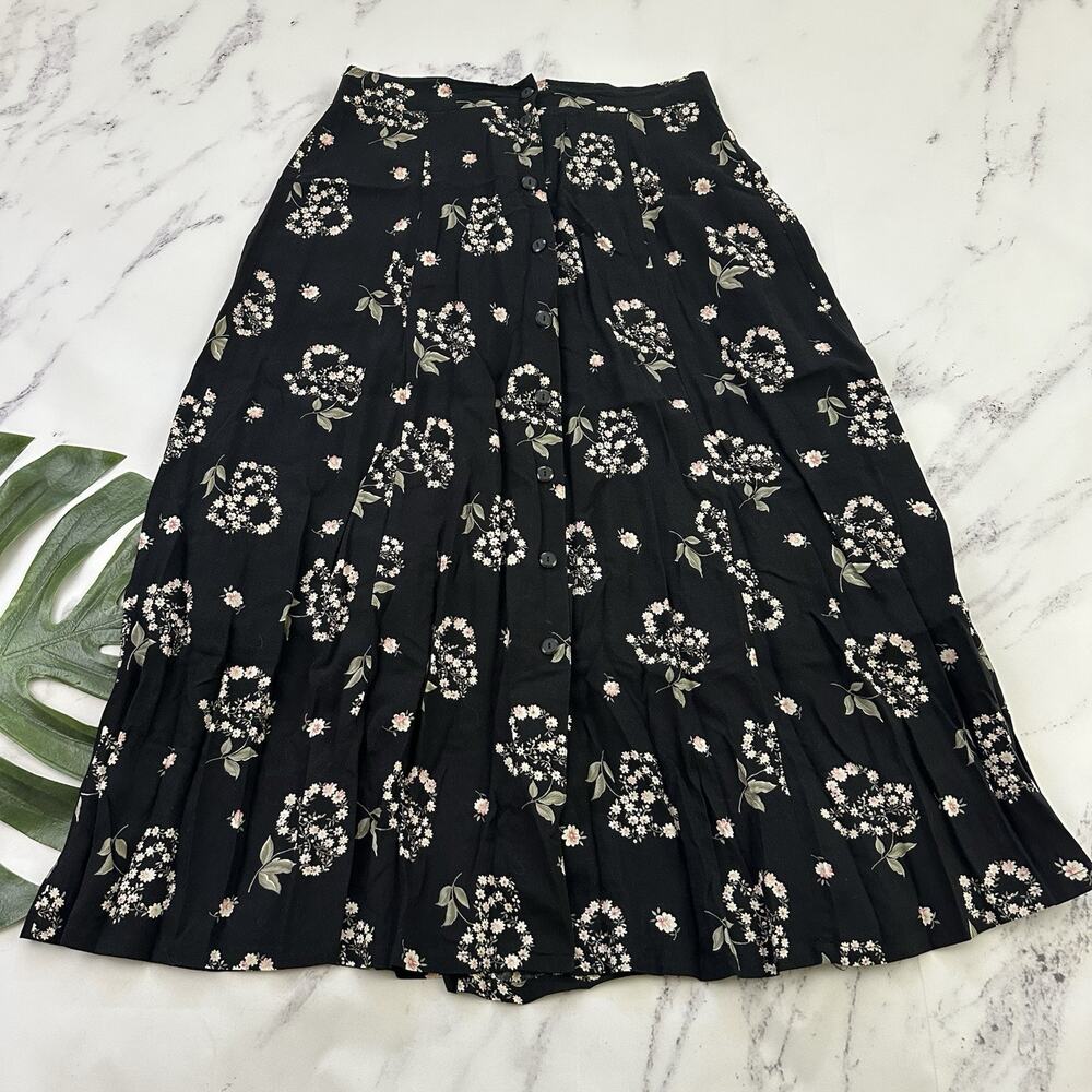 Sag Harbor Womens Vintage 90s Midi Skirt Size M Black Pink Floral Buttons